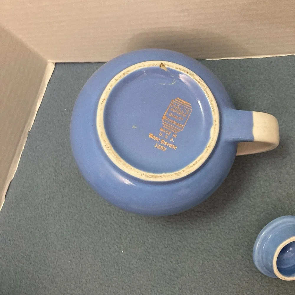 Vintage Hall's Blue Rose Parade Teapot with Floral Details circa 1940-45 USA
